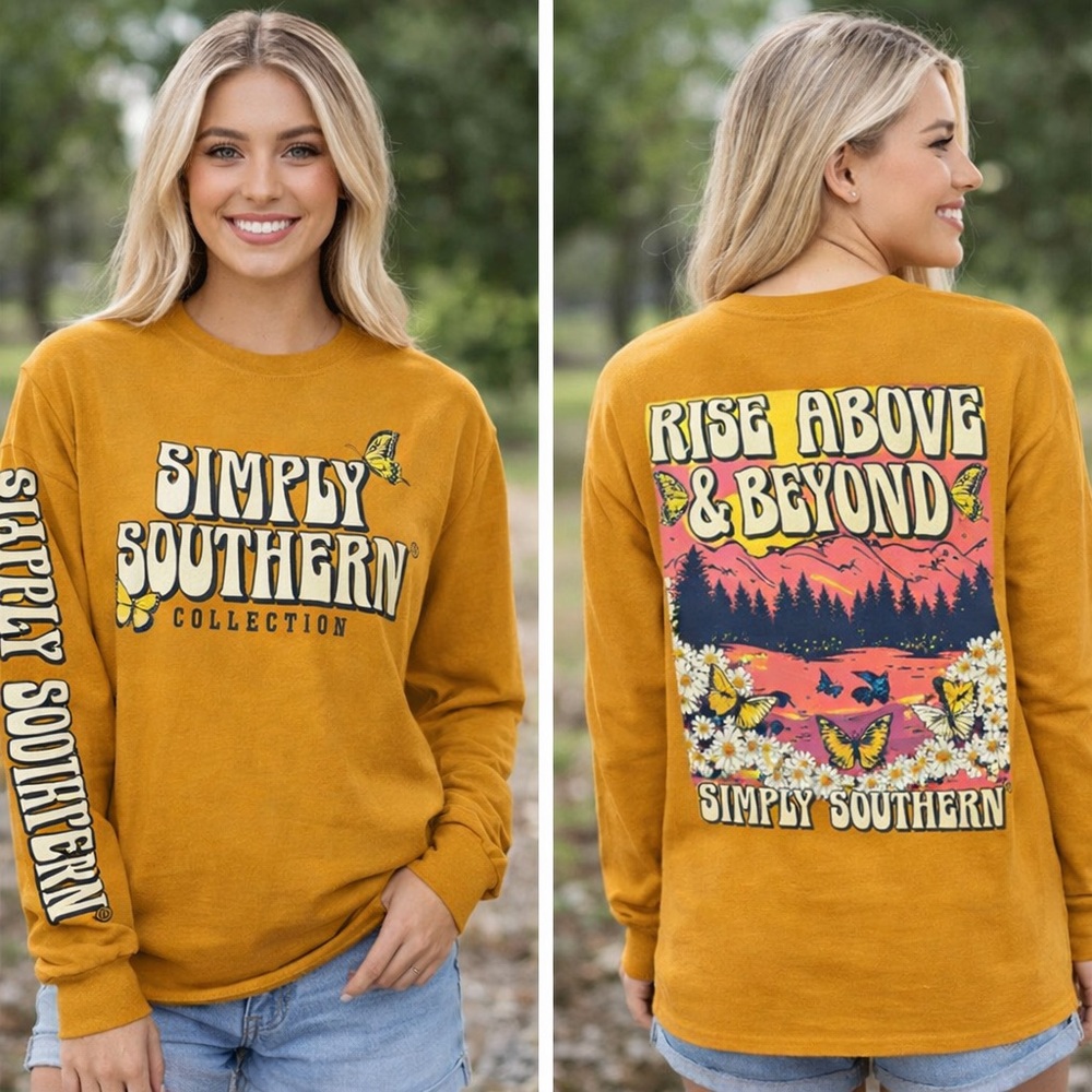 Simply Southern Butterfly Mustard Rise&Beyond Long Sleeve Graphic Tee Size Large